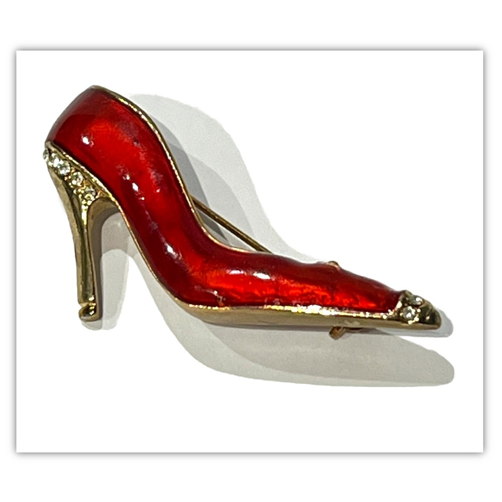 Red High Heel Shoe Brooch Pin Gold Tone Vintage  Shoe Rhinestone Fashion Glam